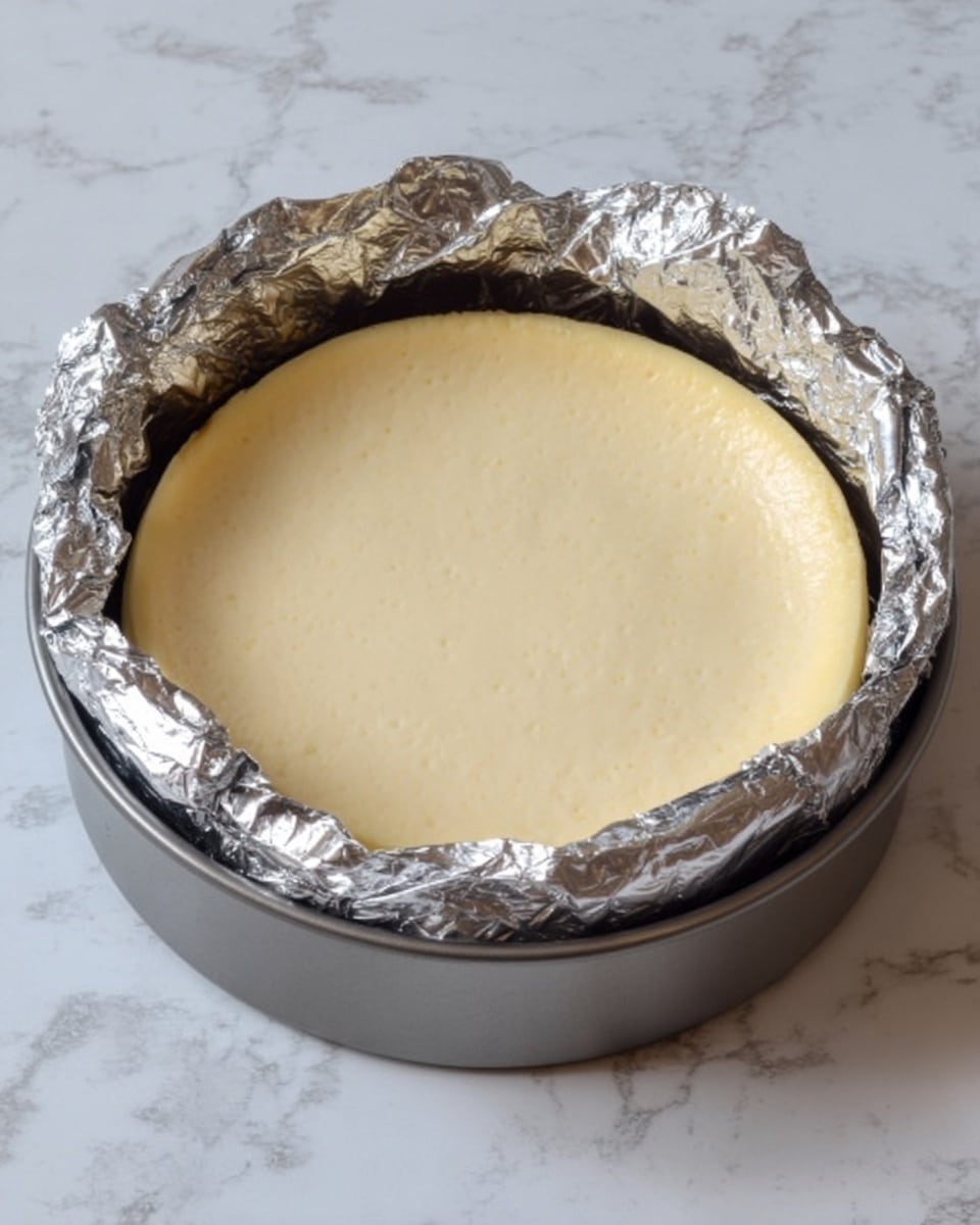 A round cheesecake sits inside a metal baking pan, wrapped around the sides with crumpled aluminum foil. The cheesecake top is smooth and pale yellow, looking soft and creamy. The pan sits on a white marbled surface, showing a clean and bright background. photo taken with an iphone --ar 4:5 --v 7