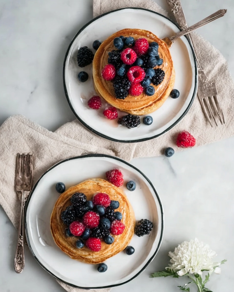 The image shows stacks of golden brown pancakes on white plates with thin black rims. Each pancake stack is topped with a layer of smooth, light brown spread, followed by a mix of fresh berries including dark blackberries, deep blue blueberries, and bright red raspberries. Some berries are also scattered around the stacks on the plates. Each plate has a vintage silver fork placed on the left side, resting partly on a beige cloth napkin that lies on the white marbled surface. A white flower is seen near the bottom right corner of the image. Photo taken with an iphone --ar 4:5 --v 7