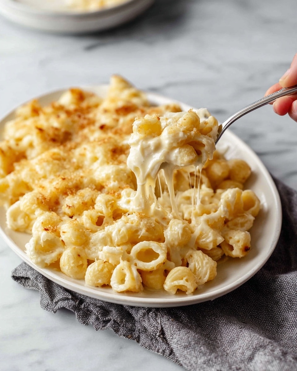 A white plate on a white marbled surface holds a layered serving of macaroni and cheese. The pasta is coated in creamy, melted cheese with a light golden crumb topping that adds texture. A woman's hand holds a silver fork lifting a forkful of the macaroni, showing the stretchy cheese strings. In the background, there is another white plate filled with more macaroni and cheese and a white cup and sugar bowl slightly out of focus. photo taken with an iphone --ar 4:5 --v 7