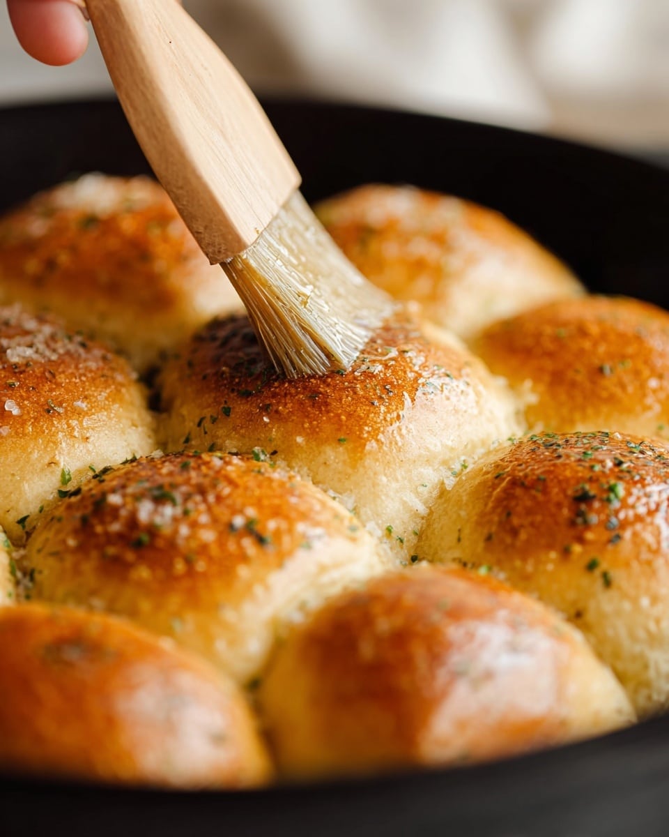 The image shows a close-up of several golden brown dinner rolls arranged tightly together in a black pan. Each roll has a shiny, slightly textured top, brushed with a light coating of what looks like butter or oil mixed with small green herbs and coarse salt. A wooden brush held by a woman's hand is seen applying the buttery glaze to one of the rolls in the center. The background is soft and blurred, focusing on the warm, appetizing texture of the rolls. photo taken with an iphone --ar 4:5 --v 7