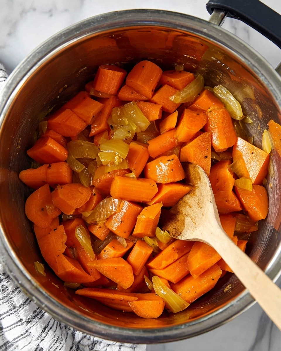 The image shows a close-up view inside a shiny metal pot filled with chunky pieces of cooked carrots and onions. The carrots are cut into thick, bright orange chunks with a soft texture, scattered evenly throughout the pot. The onions are golden-yellow pieces mixed in between the carrot chunks, some slightly translucent. A wooden spoon with a light brown handle rests diagonally inside the pot, touching the vegetables. The pot is set on a white marbled surface with a striped cloth nearby. photo taken with an iphone --ar 4:5 --v 7