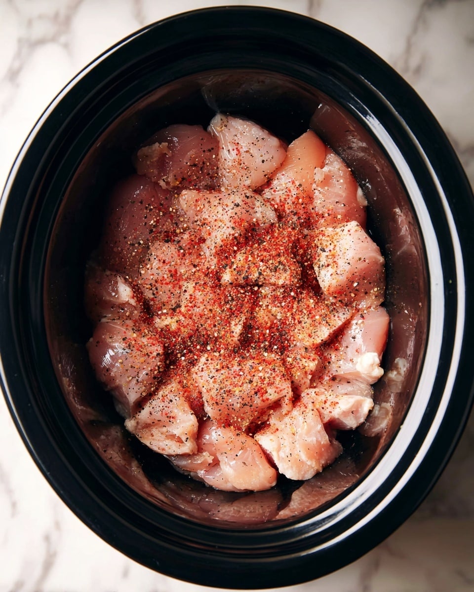 Inside a black slow cooker, there is one layer of raw chicken pieces spread evenly at the bottom. The chicken pieces are light pink with a soft texture and are sprinkled with red and black spices, giving a speckled look on top. The slow cooker has a shiny, smooth surface. The scene is set on a white marbled surface. photo taken with an iphone --ar 4:5 --v 7