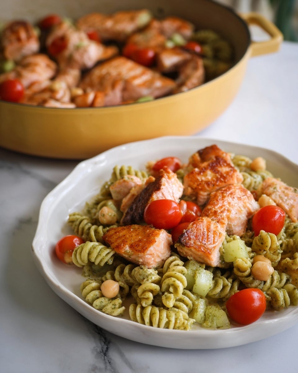The dish shows a white plate filled with three main layers: at the bottom are small spiral-shaped pasta pieces with a light green pesto sauce mixed in, scattered with small beige chickpeas and bits of green cucumber; the middle layer consists of bite-sized pieces of cooked salmon with a golden-brown sear on the outside and a pink interior; the top layer has bright red cherry tomatoes placed evenly on the pasta and salmon. In the background, there is a yellow pan with the same cooked salmon pieces and cherry tomatoes resting on a white marbled surface. photo taken with an iphone --ar 4:5 --v 7