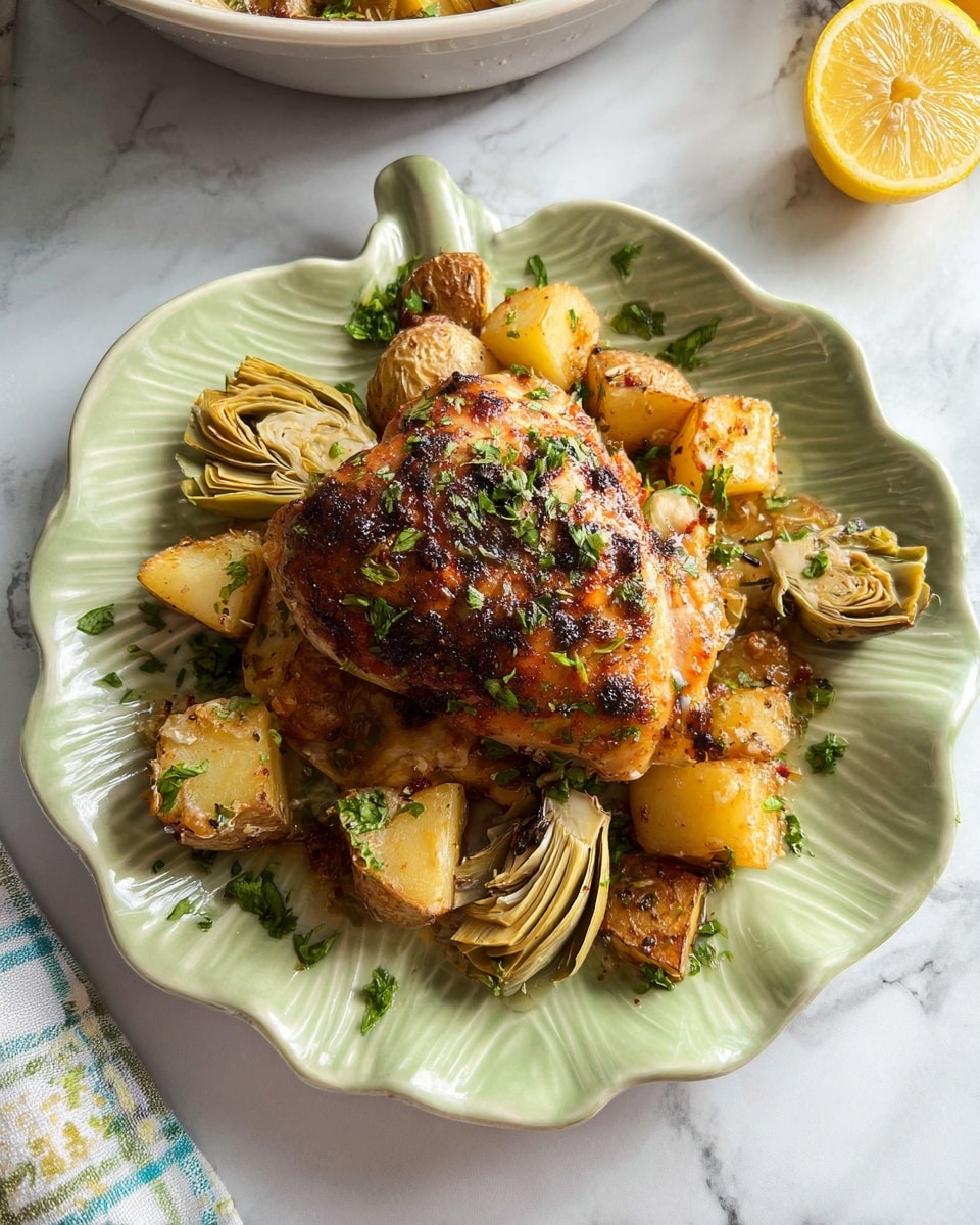A white plate shaped like a green leaf holds a cooked piece of browned chicken with a crispy skin, placed in the center. Around the chicken, there are chunky golden-brown potato pieces and small artichoke halves, all sprinkled with fresh green herbs. The plate sits on a white marbled surface, and part of a bowl with more food and two lemon halves are visible in the background. photo taken with an iphone --ar 4:5 --v 7