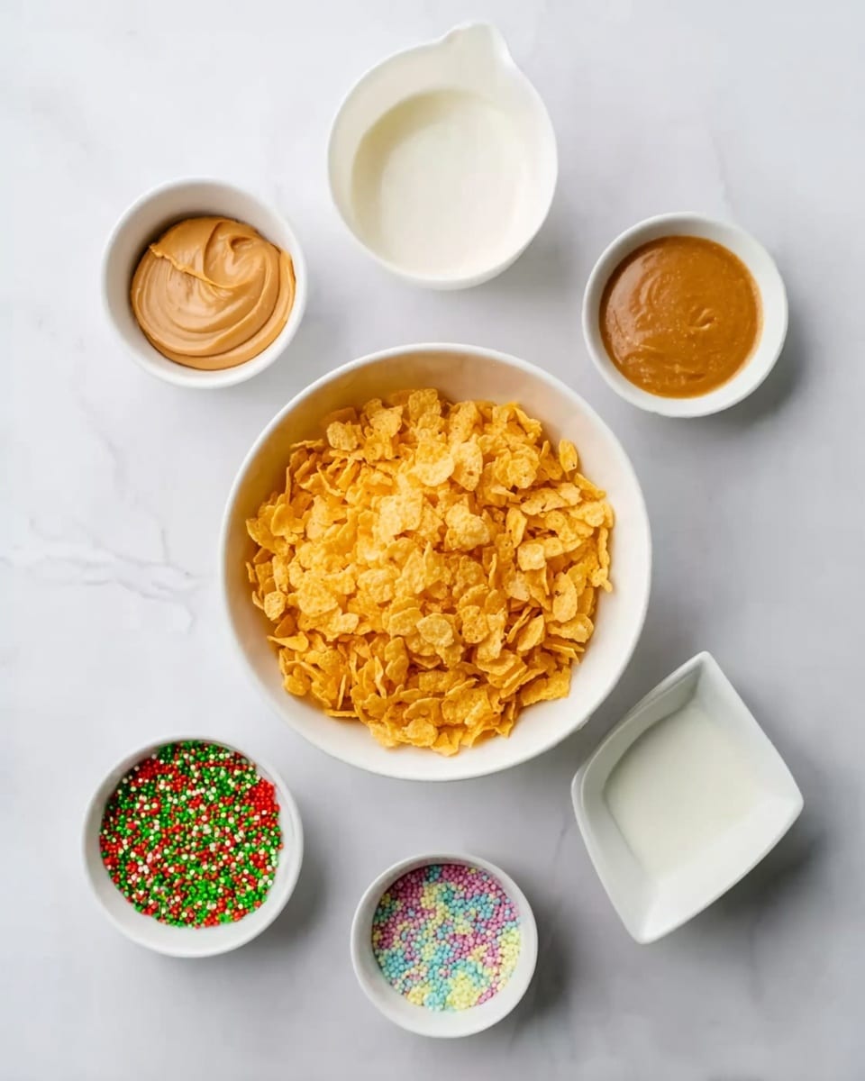The image shows a white bowl filled with yellow cornflakes at the center on a white marbled surface. Surrounding the bowl are five small white bowls containing different ingredients: light brown peanut butter, golden syrup, white sugar, colorful round sprinkles, and white milk. The bowls are arranged neatly around the bowl of cornflakes, creating a balanced composition. The photo taken with an iphone --ar 4:5 --v 7