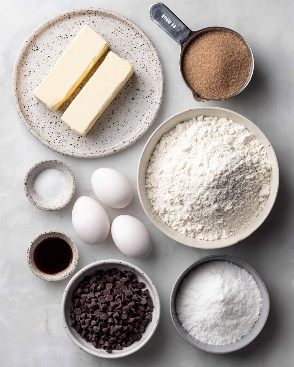 The image shows eight bowls and plates of baking ingredients placed on a white marbled surface. At the top left, a white speckled plate holds two sticks of pale yellow butter. To the right, a metal measuring cup contains light brown sugar. Next to it on the right, a large white bowl is full of white flour. Below the butter plate, a small white speckled bowl holds white salt. Below that on the left, a small white bowl contains dark brown vanilla extract. Next to it are three white eggs arranged in a line. Below the eggs, a white bowl is filled with white granulated sugar. On the right side, a medium white bowl holds many small and large dark brown chocolate chips, with a bit of white dust on them. At the bottom right corner, a grey bowl contains powdered sugar. The bowls and plates are arranged neatly with space between them. photo taken with an iphone --ar 4:5 --v 7