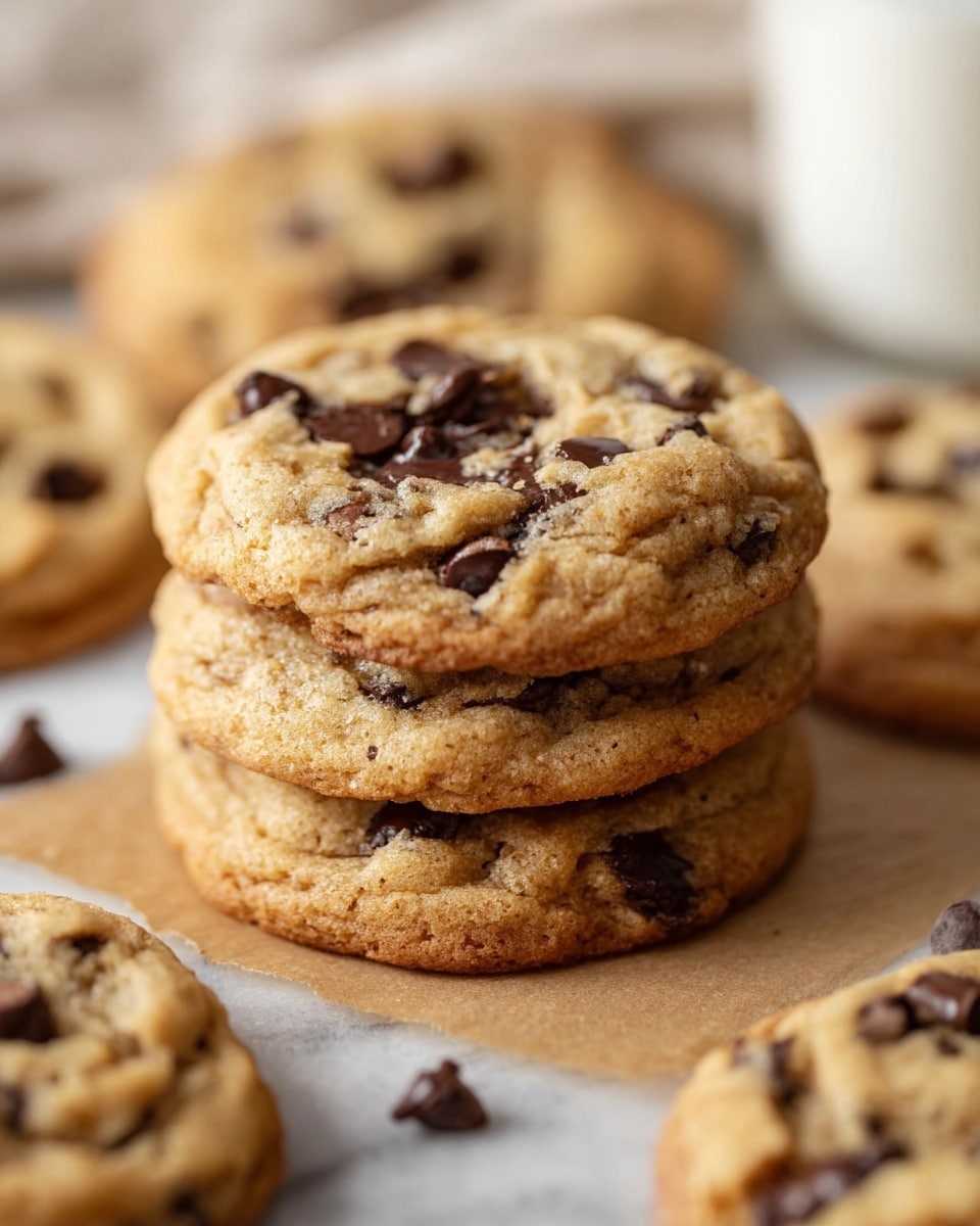 A close-up of a stack with three thick chocolate chip cookies showing a soft, slightly chewy texture with visible melted dark chocolate chips and a golden brown bottom edge, placed on light brown parchment paper surrounded by more scattered cookies of the same kind on a white marbled surface, with a blurred white cup in the background. photo taken with an iphone --ar 4:5 --v 7