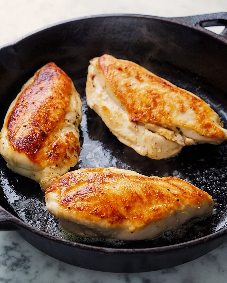 Three pieces of cooked chicken with a golden brown crust on the top side are in a black cast iron pan. The chicken pieces are different shapes but similar sizes, placed apart in the pan. The surface of the chicken is smooth with some darker browned lines where the chicken touched the pan. Light steam rises from the pan showing the chicken is hot. The pan rests on a white marbled surface. photo taken with an iphone --ar 4:5 --v 7