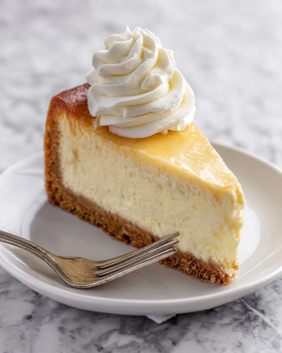 A slice of cheesecake with three clear layers: a light brown crumbly crust at the bottom, a thick creamy pale yellow middle layer, and a smooth golden-brown top layer. On top of the cheesecake is a swirl of white whipped cream. The slice is placed on a plain white plate, with a silver fork resting beside it. The whole setup is on a white marbled textured surface. Photo taken with an iphone --ar 4:5 --v 7