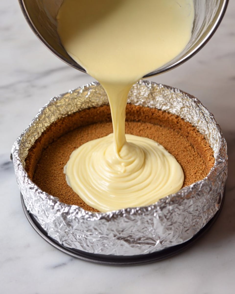 A round baking pan wrapped in aluminum foil is placed on a white marbled surface, containing a thick, rough-textured brown crust layer pressed evenly on the bottom and sides. A smooth, creamy pale yellow mixture is being poured from a metal bowl in the top left corner, flowing in a thick stream onto the center of the crust, creating soft swirls as it spreads. The pan’s edges are lined with foil, and the pouring mixture contrasts with the coarse brown crust beneath it photo taken with an iphone --ar 4:5 --v 7