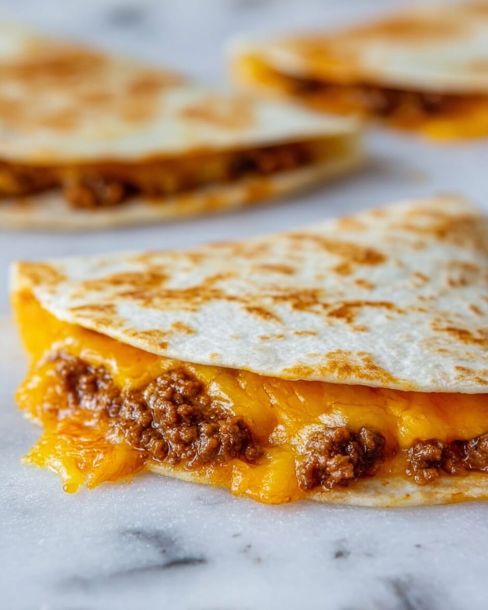 A close-up of a folded quesadilla on a white marbled surface showing one layer of soft, slightly toasted white tortilla with spots of light browning. Inside, there is a thick layer of bright orange melted cheese with a glossy texture, topped by a layer of cooked ground beef with rich brown color and a crumbly texture peeking out from the edges. The edges of the quesadilla have some melted cheese oozing out, creating a slightly messy look. Another similar quesadilla is blurred in the background. Photo taken with an iphone --ar 4:5 --v 7