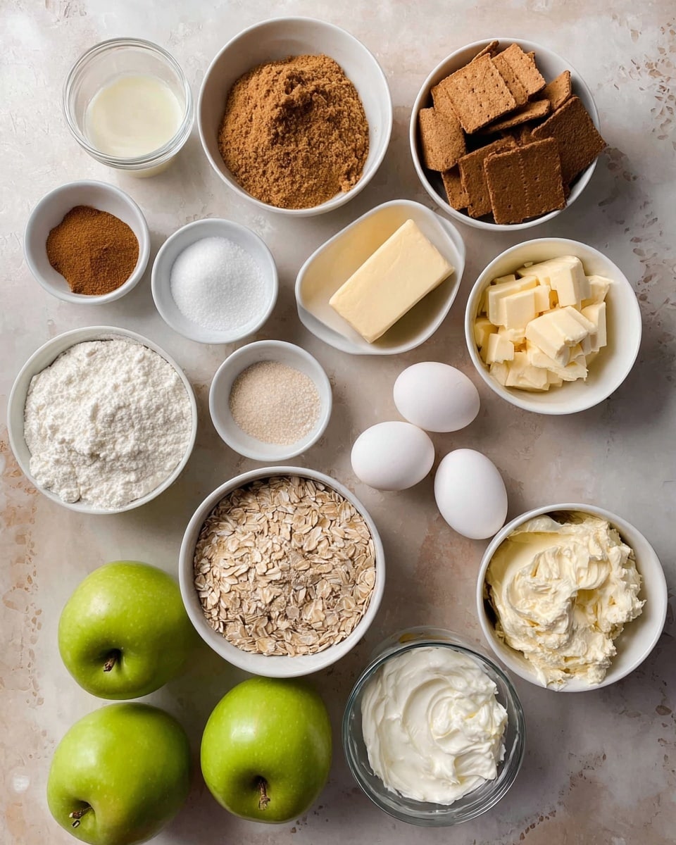 The image shows many ingredients for baking arranged neatly on a white marbled surface. There are three green apples placed together near the bottom left. To the right of the apples are small white bowls filled with rolled oats, brown sugar, and a flour-cinnamon mix. Above them, a bowl with broken graham crackers sits next to a small bowl of melted butter. In the middle, there are three white eggs, a bowl of cream cheese, and a bowl with white cream. Near the top left, several bowls hold sugar, brown sugar, salt, baking powder, cinnamon, and a glass of cream. All ingredients are placed clearly and spaced out for easy viewing. photo taken with an iphone --ar 4:5 --v 7