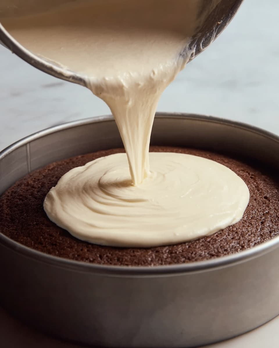 A close-up image of a round dark brown cake base inside a round metal cake pan on a white marbled surface. A thick cream-colored batter is being poured from a metal mixing bowl into the center of the cake base, creating a smooth, thick layer that spreads outward slowly. The batter is creamy and dense in texture, contrasting with the rough, baked dark brown cake beneath it. Photo taken with an iphone --ar 4:5 --v 7