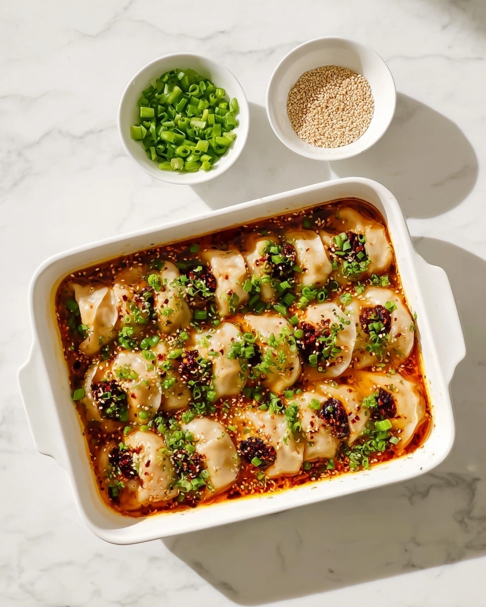 A white square dish filled with two layers of pale beige dumplings neatly arranged in rows, covered in a reddish-brown sauce with small dark spots of chili oil and sprinkled with chopped green onions and sesame seeds, set on a white marbled surface. Above the dish, two small white bowls hold bright green chopped scallions and pale beige sesame seeds, respectively. The lighting is bright and natural, highlighting the smooth, slightly shiny texture of the dumplings and the vibrant green of the scallions. Photo taken with an iphone --ar 4:5 --v 7