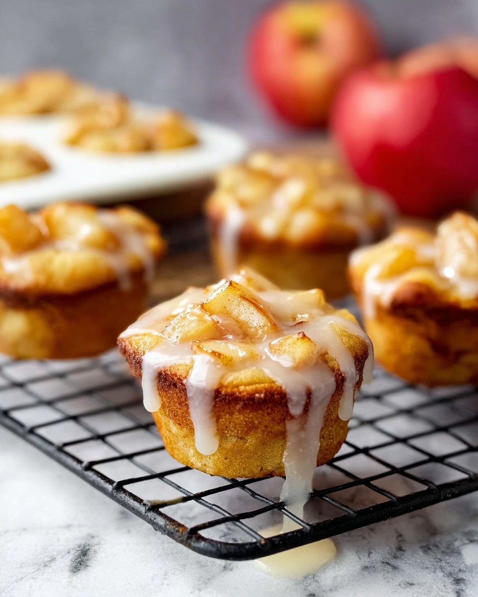 A small, round muffin sits on a dark wooden board. The muffin has a golden-brown base with a slightly rough texture. On top, there is a thick layer of glossy, yellow fruit filling with soft, visible fruit pieces. Over this, smooth white icing drips down the sides unevenly, some of it pooling slightly on the wooden surface. In the blurred background, more muffins with similar yellow filling and white icing are seen resting on a wire rack. The setting has a white marbled texture underneath. Photo taken with an iphone --ar 4:5 --v 7