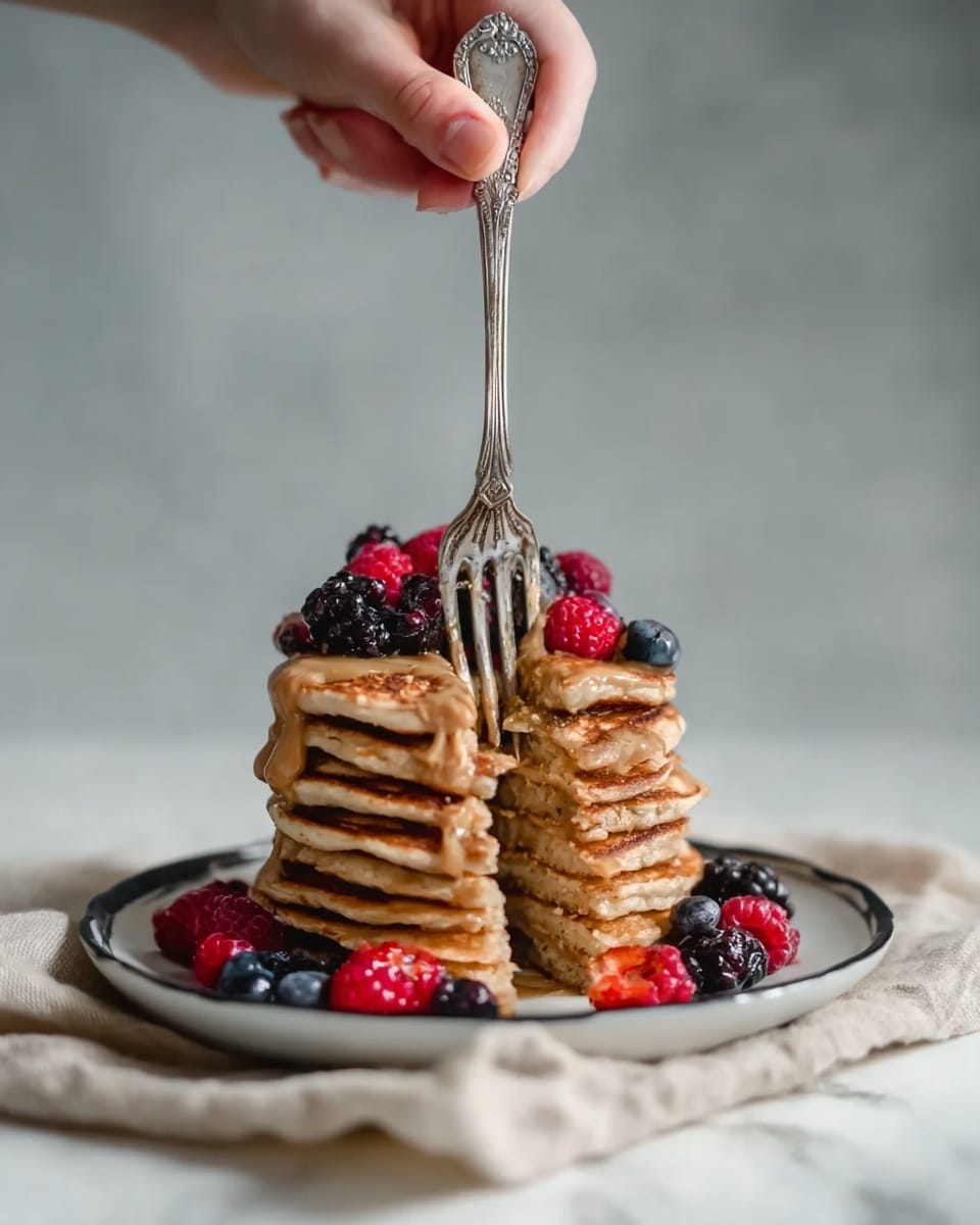A tall stack of golden brown pancakes sits in the center of a white plate with a black rim, resting on a soft beige cloth on a white marbled surface. The pancakes have a fluffy texture with slightly crispy edges and are topped with a thick spread of light brown sauce or nut butter. Fresh berries, including red raspberries, dark blackberries, and deep blue blueberries, are placed on top and around the pancakes. A vintage silver fork is held by a woman's hand, pressing down into the stack near the middle, creating a visible cut through the layers. The soft natural light highlights the textures and warm colors of the food, with a pale gray blurry background. Photo taken with an iphone --ar 4:5 --v 7