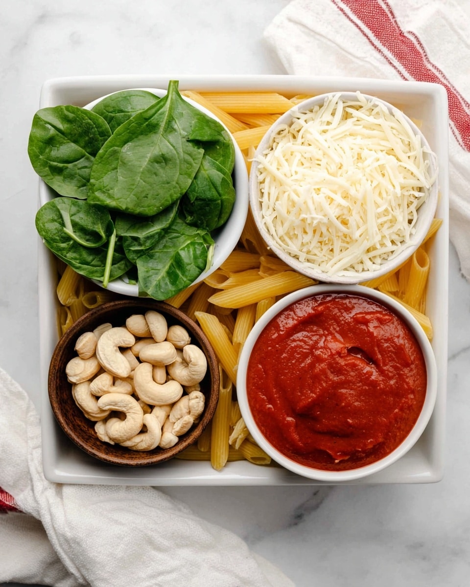 A white square dish with four sections, placed on a white marbled surface; the largest area contains uncooked yellow penne pasta as the base layer. On the left, fresh green spinach leaves rest directly on the pasta. Next to the spinach, a white round bowl is filled with shredded white cheese. To the right, another white round bowl holds a thick, rich red tomato sauce with a smooth texture. In front of the tomato sauce, a small brown bowl contains whole cashew nuts that are light beige. A white cloth with a red stripe lies nearby. Photo taken with an iphone --ar 4:5 --v 7