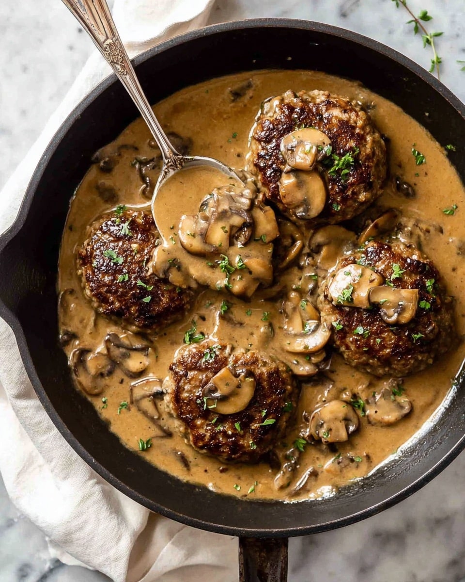 A black pan holds four browned, round patties in a thick light brown mushroom sauce. The sauce is creamy with sliced mushrooms scattered on and around the patties. Small bits of green herbs are sprinkled on the patties and sauce. A silver spoon inside the pan scoops some sauce with mushrooms over a patty. The pan sits on a white marbled surface with a white cloth nearby. Photo taken with an iphone --ar 4:5 --v 7