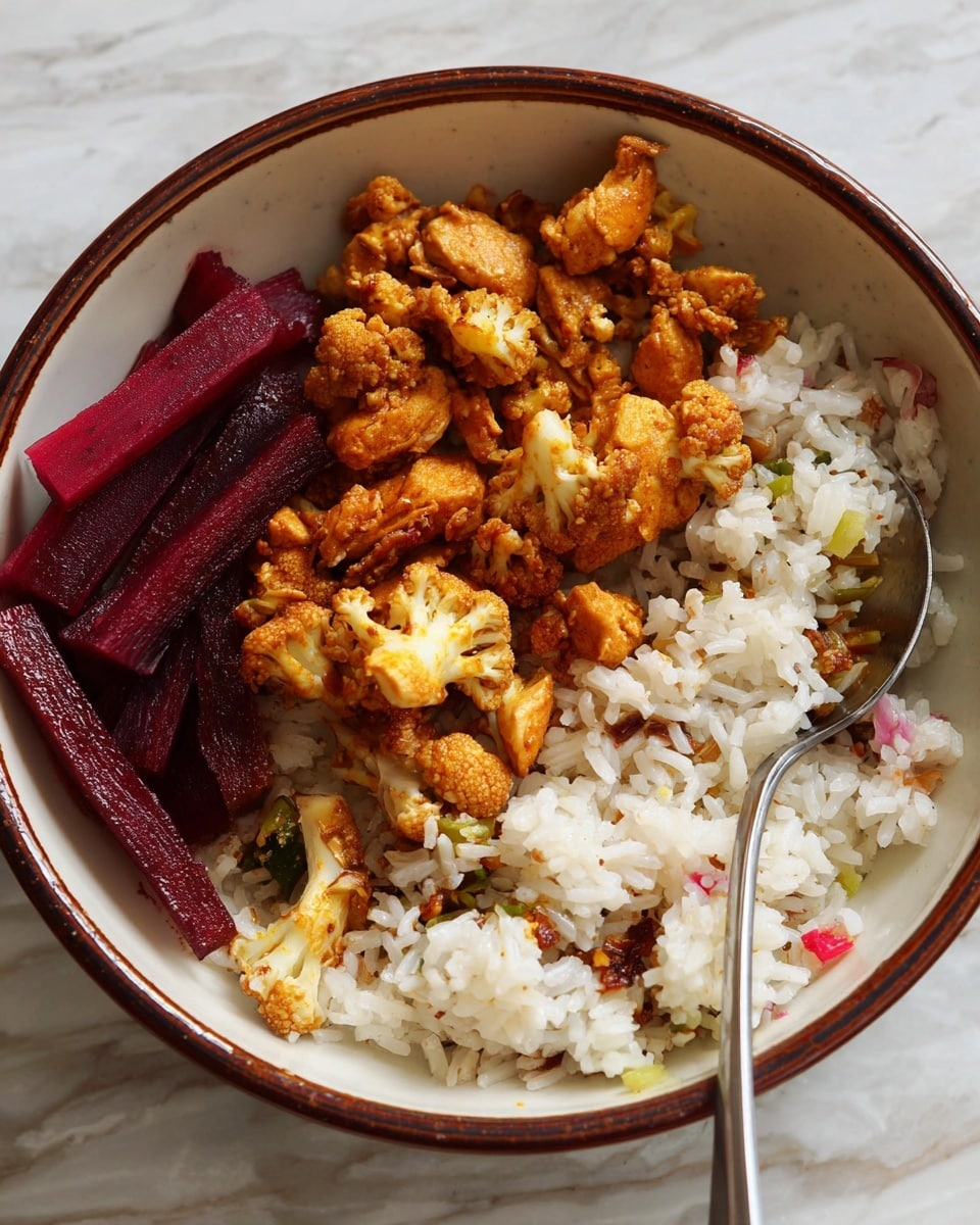 A white bowl with a brown rim contains three main layers of food. On one side, there is white rice with a light, fluffy texture; the rice has small bits of green and red, likely herbs or seasoning. Next to the rice, there is a layer of small, golden-brown cauliflower florets mixed with pieces of browned, orange-colored cooked chicken, both showing a slightly crispy texture. At the bottom left, there are dark red, thick beet sticks arranged side by side. A silver spoon is placed inside the bowl, resting on the rice and some chicken pieces, against a white marbled texture surface. Photo taken with an iphone --ar 4:5 --v 7