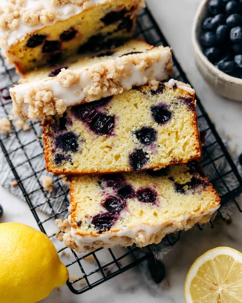 A loaf of blueberry crumb bread sits on a black wire cooling rack over a white marbled surface, with a slice cut to show the inside. The bread has three visible layers: the bottom is golden brown and firm, the middle is a light yellow cake texture with dark blueberries embedded, and the top is a crumb layer of light brown streusel with a white icing drizzle on it. In the blurred background, there is a white bowl filled with fresh blueberries, and more blueberries are scattered around the rack. The beams of light brighten the scene, showing the texture and color contrast clearly. Photo taken with an iphone --ar 4:5 --v 7