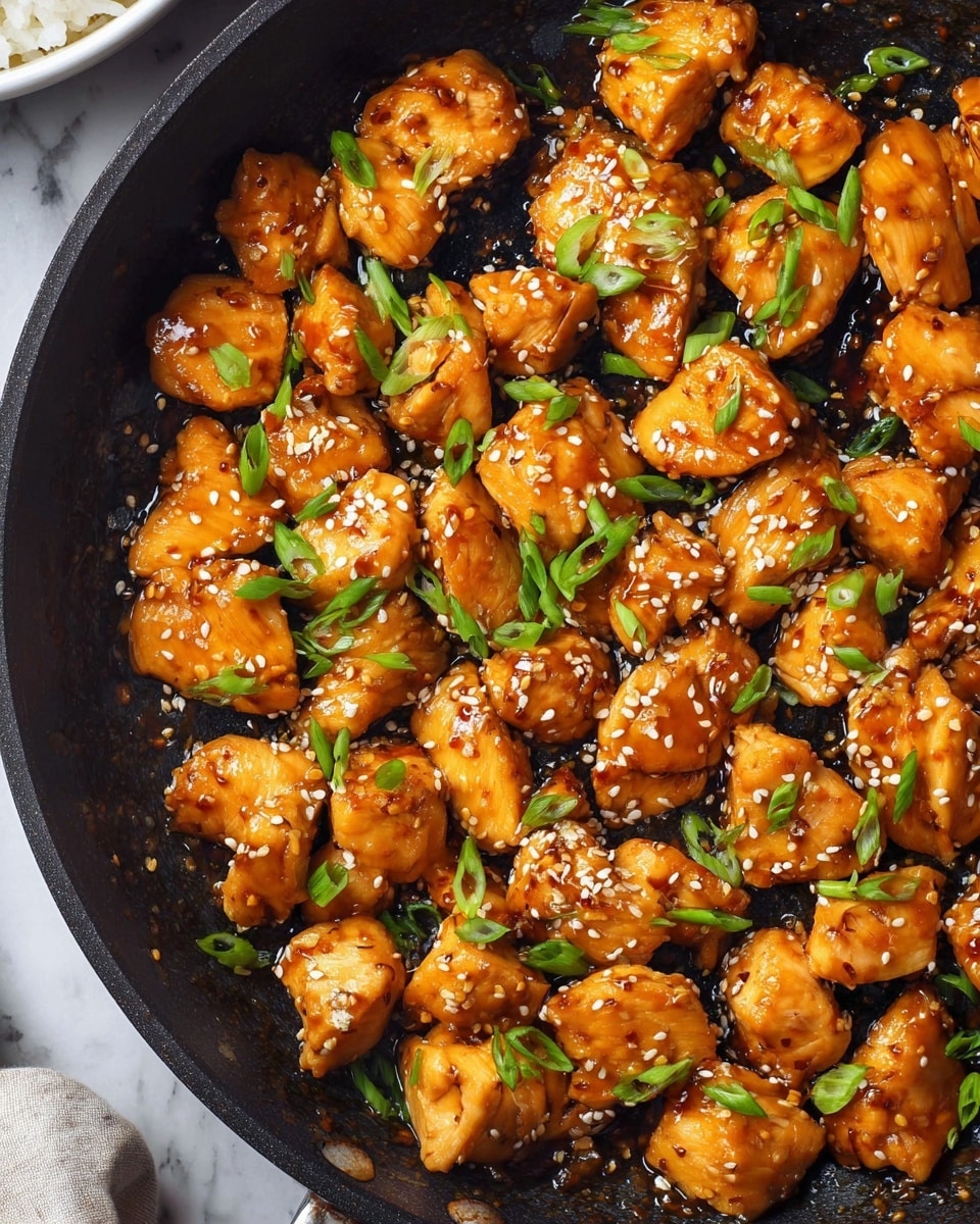 The image shows a black pan filled with cooked chicken pieces that are golden brown and shiny from a sauce. The chicken is sprinkled with white sesame seeds and thin slices of green onions. The chicken pieces are arranged closely, covering most of the pan's surface. In the top right corner, there is a glimpse of white rice in a bowl. The background is a white marbled texture. photo taken with an iphone --ar 4:5 --v 7