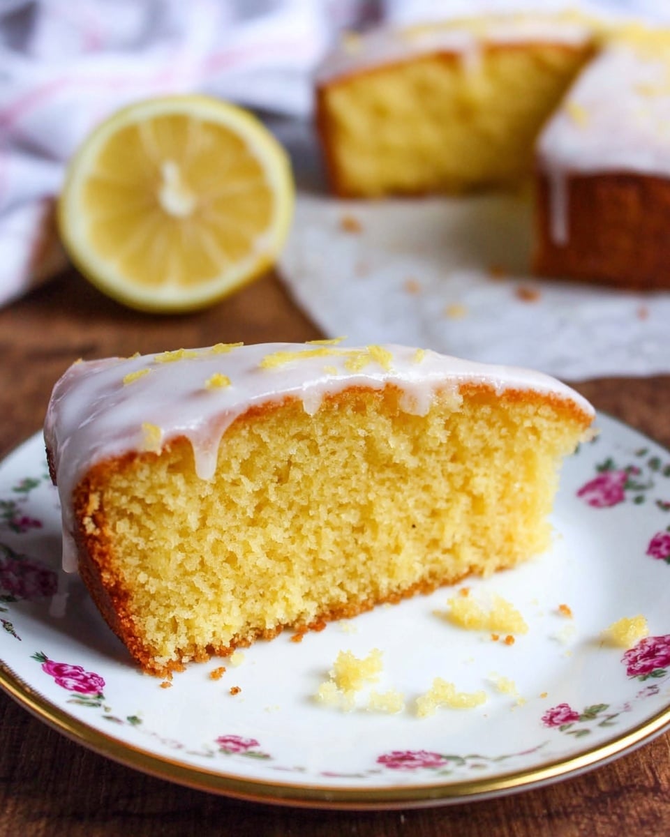 A lemon cake loaf with one thick slice cut and placed in front, showing a dense, yellow inside with a golden-brown crust. The cake is topped with a shiny white glaze that drips slightly down the sides. The cake rests on white parchment paper on a white marbled surface. In the background, part of a lemon half is visible, adding a touch of yellow and freshness to the scene. photo taken with an iphone --ar 4:5 --v 7