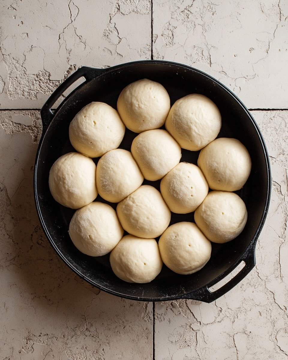A black cast iron pan holds fifteen soft, round dough balls arranged closely together in three uneven rows, each dough ball smooth and pale with slight dimples on the surface. The pan is centered on cracked white tiles with a weathered look, the texture of the dough contrasting with the rough floor. The light softly highlights the matte surface of the pan and the smooth dough. photo taken with an iphone --ar 4:5 --v 7