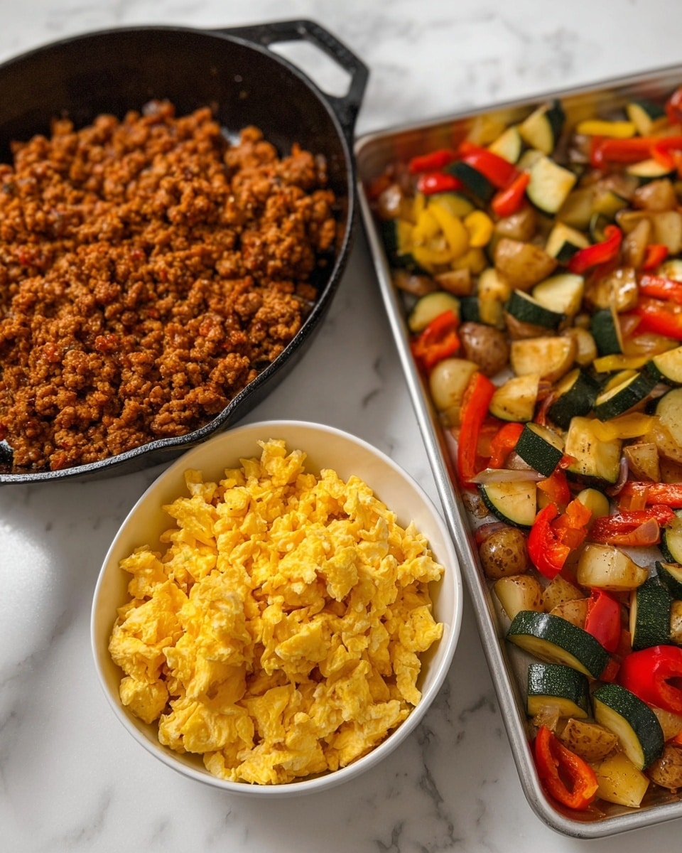 This image shows three dishes on a white marbled surface: a black cast iron skillet filled with a reddish-brown cooked ground meat mixture, a white bowl filled with bright yellow scrambled eggs that look soft and fluffy, and a silver baking tray filled with colorful roasted vegetables including red and yellow bell peppers, onions, zucchini, and small potato pieces, all showing a slightly roasted texture. The dishes are placed close together with the skillet on the left, the baking tray on the right, and the bowl in front. Photo taken with an iphone --ar 4:5 --v 7