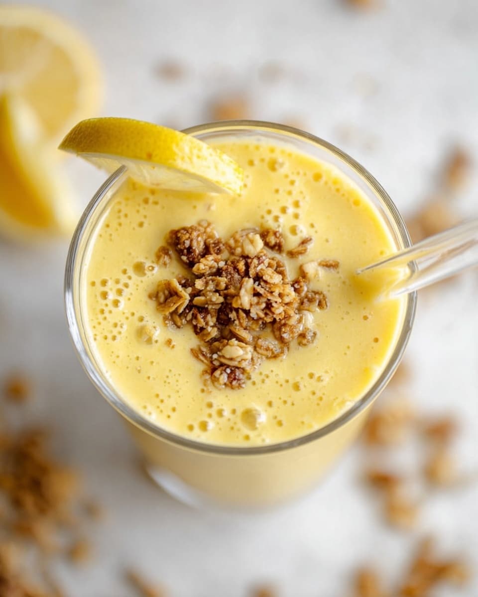 A close-up top view of a creamy yellow smoothie in a clear glass filled to the top, with a layer of small crunchy granola pieces sprinkled over the surface, showing tiny bubbles in the thick liquid. A clear straw and a thin slice of lemon are placed on the rim of the glass, all set on a white marbled surface with some blurred bits of granola and lemon in the background, photo taken with an iphone --ar 4:5 --v 7