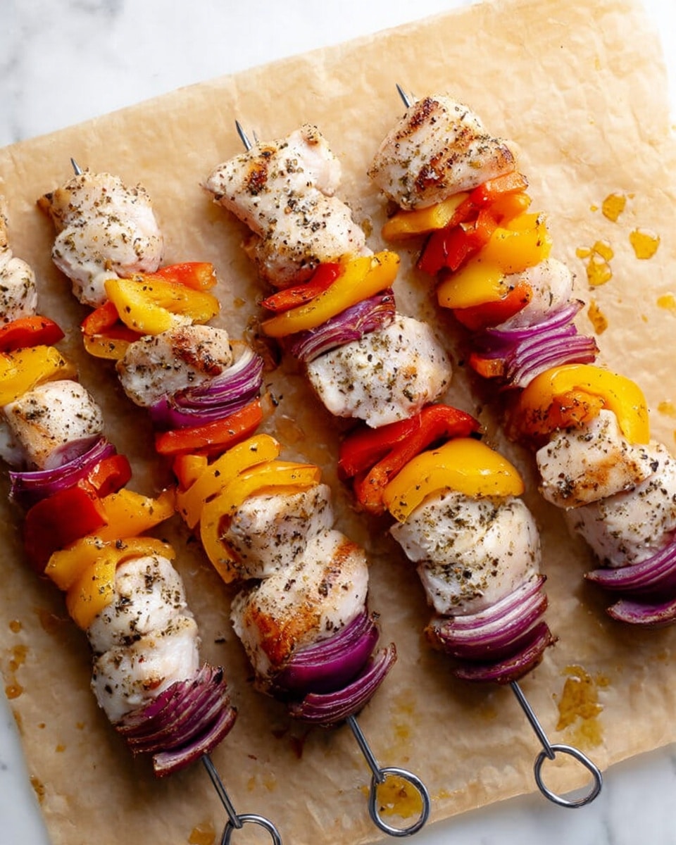Four skewers lay flat on light brown parchment paper over a white marbled surface, each skewer threaded with alternating pieces of white chicken meat speckled with black pepper, bright yellow bell peppers, vibrant red bell peppers, and layers of purple-red onion with white inner rings. The chicken pieces have a slight sheen from seasoning, and small droplets of juice are scattered on the parchment. The skewers are metal with loops at the end. photo taken with an iphone --ar 4:5 --v 7