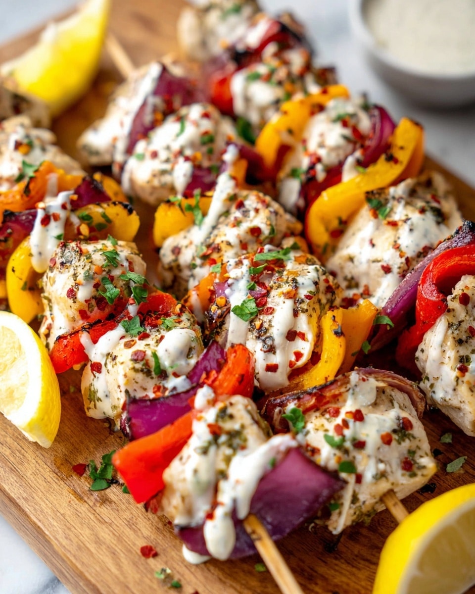 The image shows several skewers of grilled chicken pieces layered with colorful red and yellow bell peppers and chunks of purple onion, all arranged closely on a light wooden board. The chicken pieces are white with a slight char and are sprinkled with red pepper flakes and finely chopped green herbs. Each skewer is drizzled with a light creamy white sauce, and a lemon wedge is placed nearby as a garnish. The whole scene sits on a white marbled surface, giving a fresh and bright look to the setting. photo taken with an iphone --ar 4:5 --v 7
