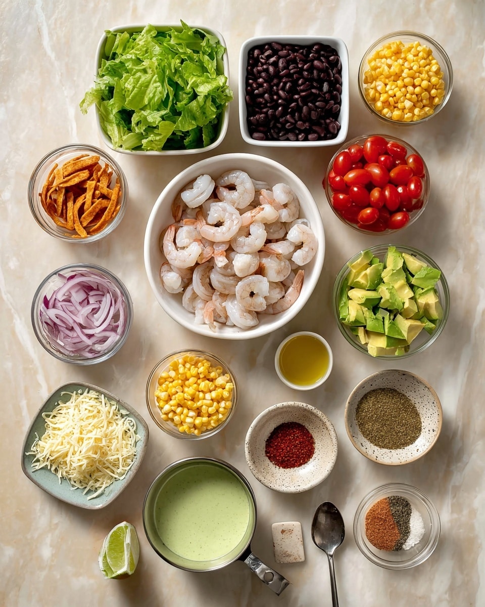 The image shows 12 white bowls and containers arranged on a white marbled surface, each holding different ingredients. In the center is a large bowl filled with raw shrimp. Surrounding it, clockwise from the top left, are a square container of green lettuce leaves, a bowl of dark black beans, a bowl of bright red cherry tomato halves, a small bowl of chopped red onions, a speckled bowl with crispy golden strips, a bowl of bright green avocado cubes, a tiny bowl of salt and pepper, a speckled plate with various ground spices in red, brown, and green tones, a bowl of yellow corn kernels, a bowl of shredded white cheese, and a metal cup with a spoon inside holding a light green creamy sauce. A small bowl with a pale yellow dressing is also near the center bottom. The photo taken with an iphone --ar 4:5 --v 7