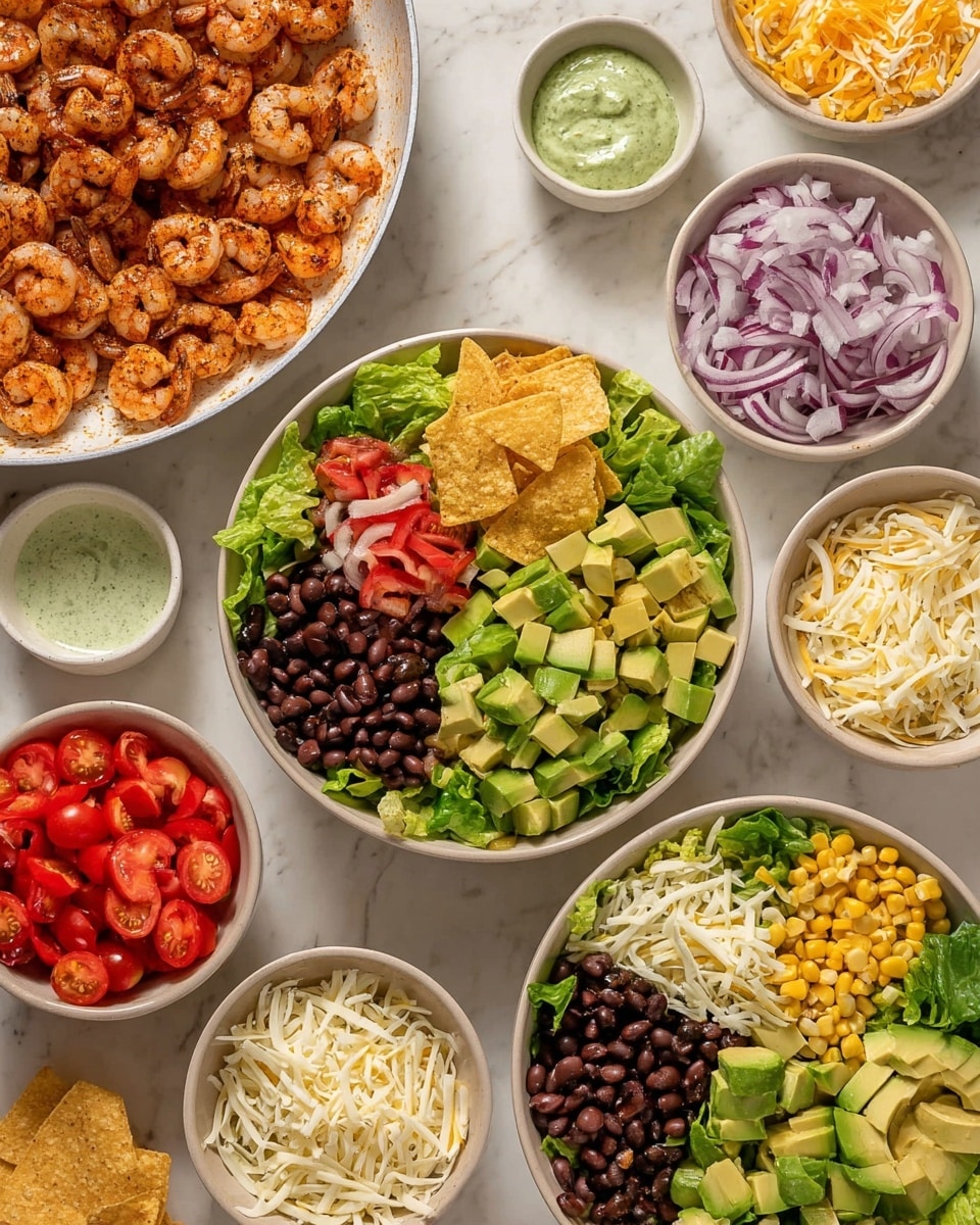 The image shows three broad white bowls each layer with fresh green lettuce at the bottom, then piles of black beans, cubed light green avocado, bright red sliced cherry tomatoes, small chopped purple onions, light yellow corn kernels, small heaps of shredded white cheese, and strips of golden brown crispy tortilla chips placed neatly around the bowl. To the left, a large white frying pan is filled with cooked, brownish-orange seasoned shrimp. Surrounding the bowls are small white bowls and a white speckled plate holding extra chopped onions, black beans, tomatoes, shredded cheese, crispy chips, corn, and avocado on a white marbled surface. photo taken with an iphone --ar 4:5 --v 7