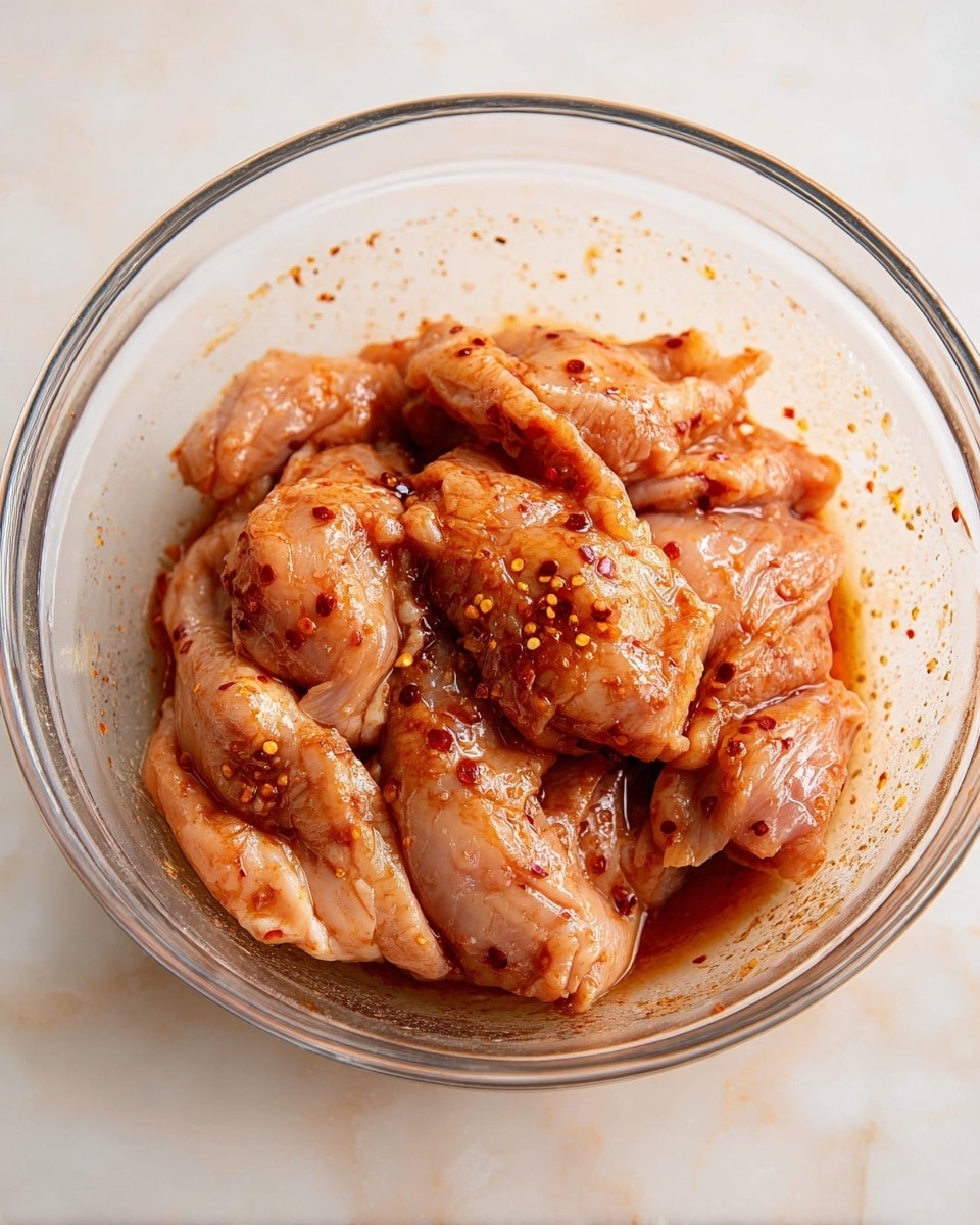A clear glass bowl holds several pieces of raw chicken coated evenly in a shiny, reddish-brown marinade with visible small black and red spice specks. The chicken pieces are layered closely, with some overlapping in the bowl's center, creating a slightly wet texture from the marinade pooling at the bottom. The bowl is placed on a white marbled surface, enhancing the fresh and clean look of the scene. Photo taken with an iphone --ar 4:5 --v 7