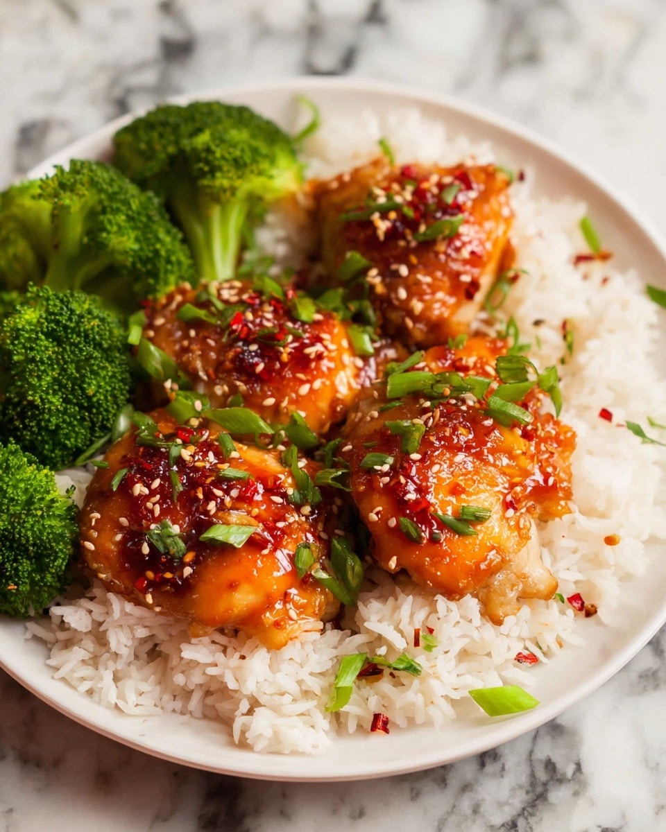 A white plate holds a bed of fluffy white rice as the bottom layer, topped with four pieces of shiny golden-brown chicken thighs coated in a sticky, reddish-orange sauce with visible small red chili bits and sprinkled with sesame seeds and chopped green onions. Behind the chicken, bright green steamed broccoli florets add a fresh, vibrant color contrast. The plate sits on a white marbled surface. photo taken with an iphone --ar 4:5 --v 7