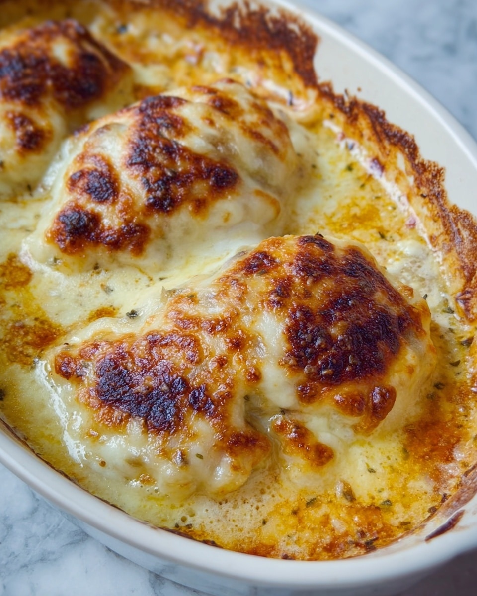 A white plate holds a serving of plain white rice as the base layer, fluffy and with separate grains. On top, there is a piece of baked chicken covered in a thick layer of melted cheese that is golden brown in places, bubbly, with some darker brown toasted spots. The cheese looks creamy with a slightly crumbly texture in some areas. The plate is set on a white marbled surface. photo taken with an iphone --ar 4:5 --v 7