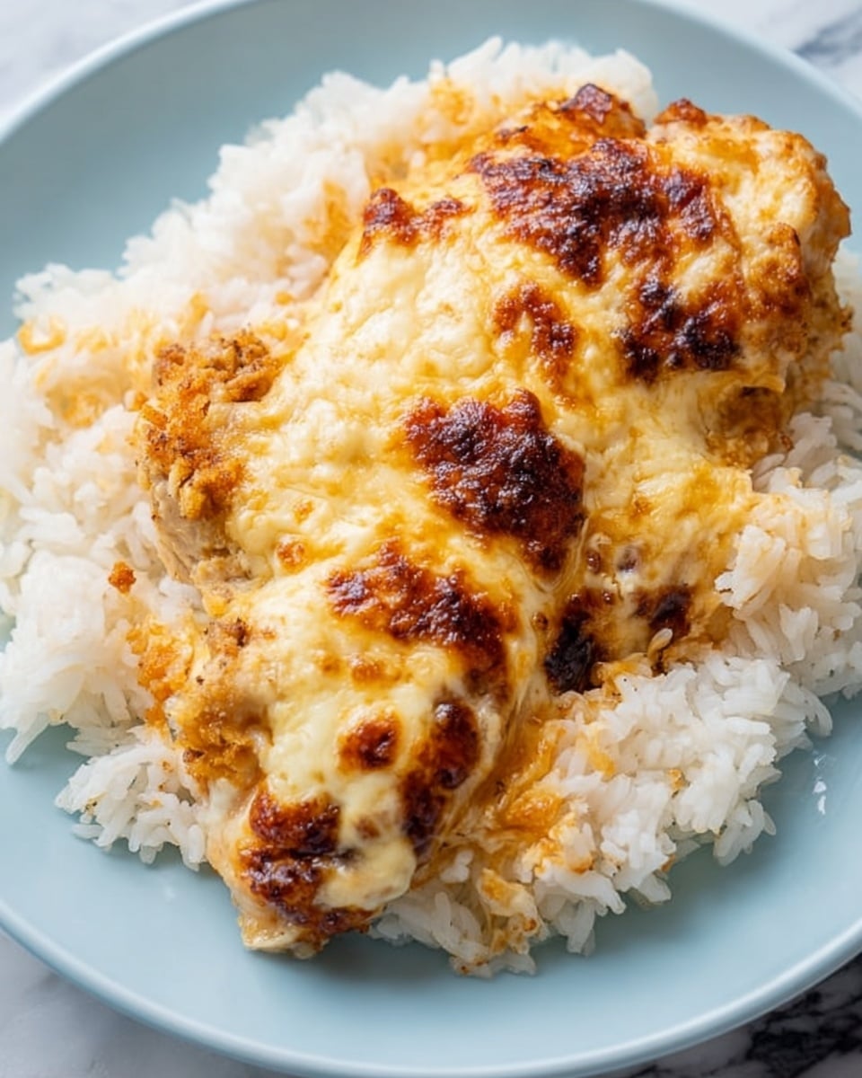 The image shows a white ceramic dish filled with three large pieces of baked food covered in a bubbly, golden-brown melted cheese layer. The cheese on top is thick, with darker browned spots showing crispiness from baking, and a creamy, slightly oily texture under the browned crust. The pieces are resting in a rich, creamy sauce with some browned bubbling edges on the dish's rim. The surface underneath the dish is white marbled texture. photo taken with an iphone --ar 4:5 --v 7