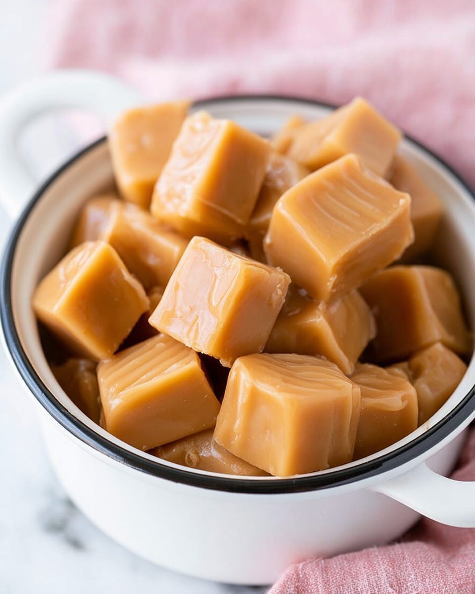 A white pot filled with many square caramel candies stacked inside. Each caramel is light brown with a smooth, shiny surface and some have small indentations or ridges on top. The pot has a white handle on the side and a thin black rim around the edge. The background shows a soft pink cloth and the pot sits on a white marbled surface. photo taken with an iphone --ar 4:5 --v 7