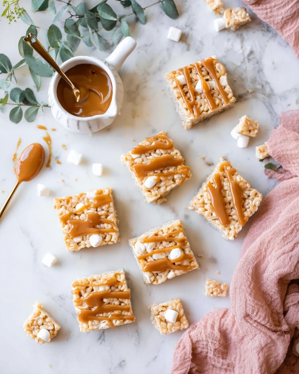 A close-up of a single square crispy rice treat placed on a white marbled surface, with visible puffed rice grains forming the soft base layer. On top, there is a thick layer of light golden caramel sauce, some of it dripped down the sides, creating shiny drips. The caramel is glossy, smooth, and slightly thick, sprinkled with a few flakes of coarse sea salt that add a bit of texture and shine. Around the main treat, there are small pieces of caramel and other rice treats with caramel drizzle, showing more of the same layers and textures. photo taken with an iphone --ar 4:5 --v 7