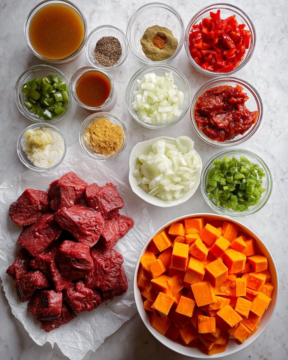 The image shows an overhead view of various ingredients arranged neatly on a white marbled surface. In the top right, there is a white bowl filled with bright orange cubed sweet potatoes. To the left of it, chunks of raw red meat rest on a piece of white parchment paper. Surrounding these main items, there are small white and clear glass bowls holding diced green bell peppers, chopped white onions, minced garlic, thick tomato paste, yellowish diced pickles, brown spices, and black pepper. There are also two clear measuring cups filled with crushed or whole roasted red peppers, and a small glass of light brown broth. All items are placed with a clear, organized layout that shows off their colors and textures vividly. Photo taken with an iphone --ar 4:5 --v 7