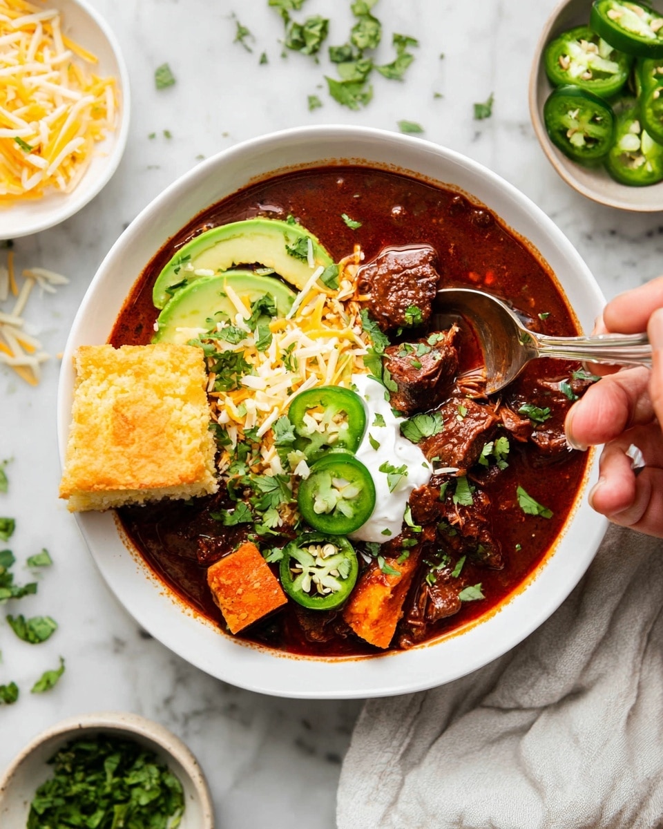 A white bowl filled with rich red chili topped with several layers: thick dark brown chunks of beef, orange sweet potato pieces, and visible tomato bits in the sauce as the base; on top sits a layer of smooth white sour cream dolloped slightly off-center, next to three slices of fresh light green avocado fanned on one side; a sprinkle of shredded yellow and white cheese is scattered near the sour cream, and five green jalapeño slices arranged in a small pile with bright green cilantro leaves sprinkled all over the dish. A vintage silver spoon is placed inside the bowl, resting in the chili. The bowl is on a white marbled surface surrounded by small dishes of sliced jalapeños, coarse salt, chopped cilantro on a beige plate, and some golden cornbread pieces. Photo taken with an iphone --ar 4:5 --v 7