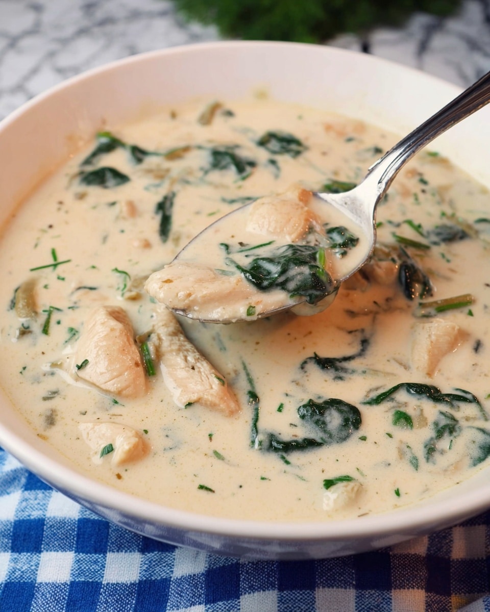 A white bowl filled with creamy, light beige soup that has a smooth and thick texture, with visible chunks of light tan chicken pieces and scattered dark green spinach leaves throughout. A silver spoon is scooping some of the soup, showing the tender chicken inside. The bowl rests on a blue and white checkered cloth, and the background has a white marbled texture. photo taken with an iphone --ar 4:5 --v 7