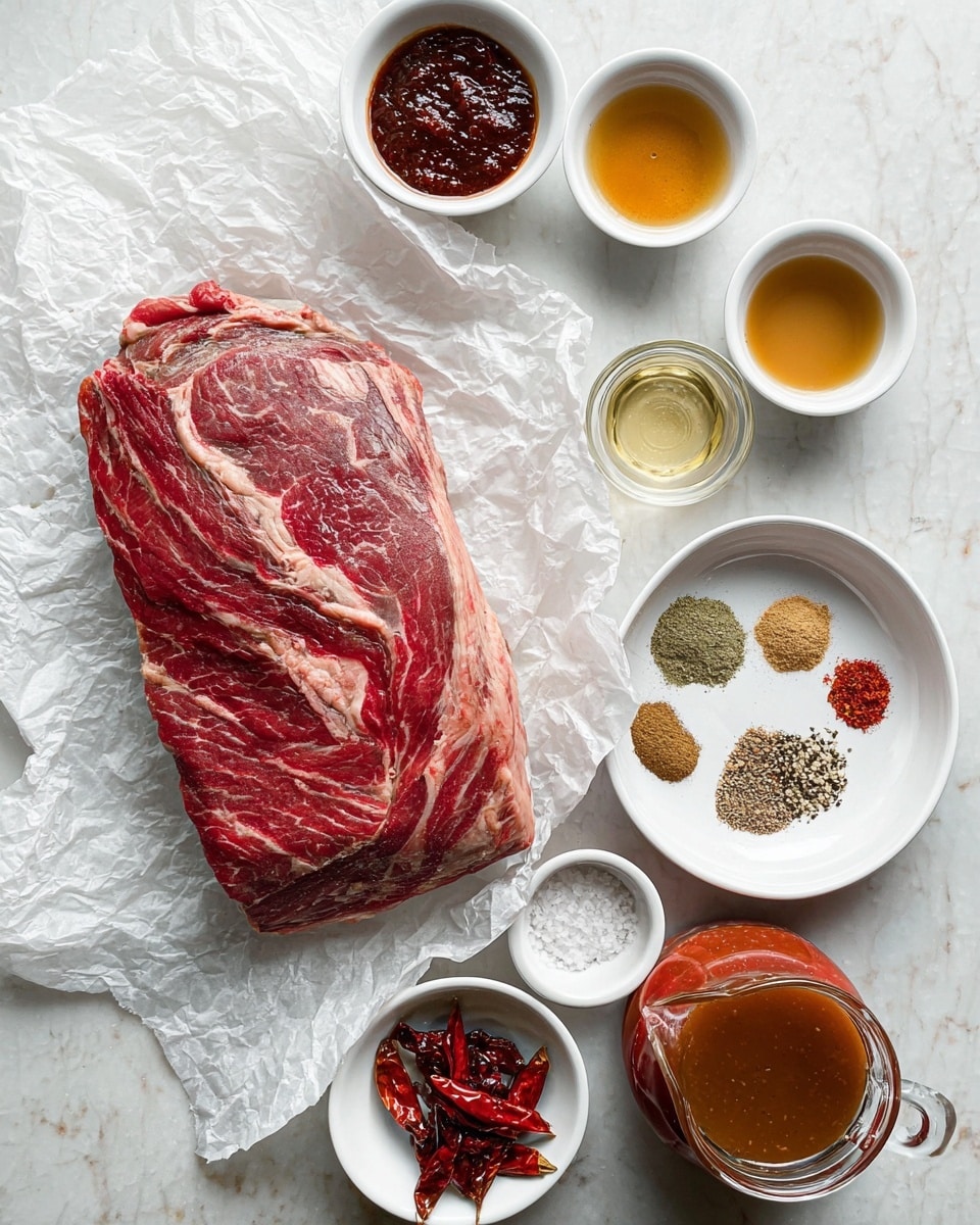 A large piece of raw red meat with white fat marbling lies on crumpled white paper in the center, surrounded by several white bowls and containers. At the top right, a white bowl holds six different spices separated in small piles, showing colors including light beige, brown, green, and red. Another white bowl nearby contains two dark red chilis in liquid, and two small white cups hold light golden and clear liquids. Below the meat, a small white bowl is filled with dark red paste, the next white bowl has dried red chili pieces, and a small white dish contains black pepper and white salt. On the bottom right, a glass pitcher holds light brown broth, and next to it is a white jar filled with red sauce. All items rest on a white marbled surface. Photo taken with an iphone --ar 4:5 --v 7