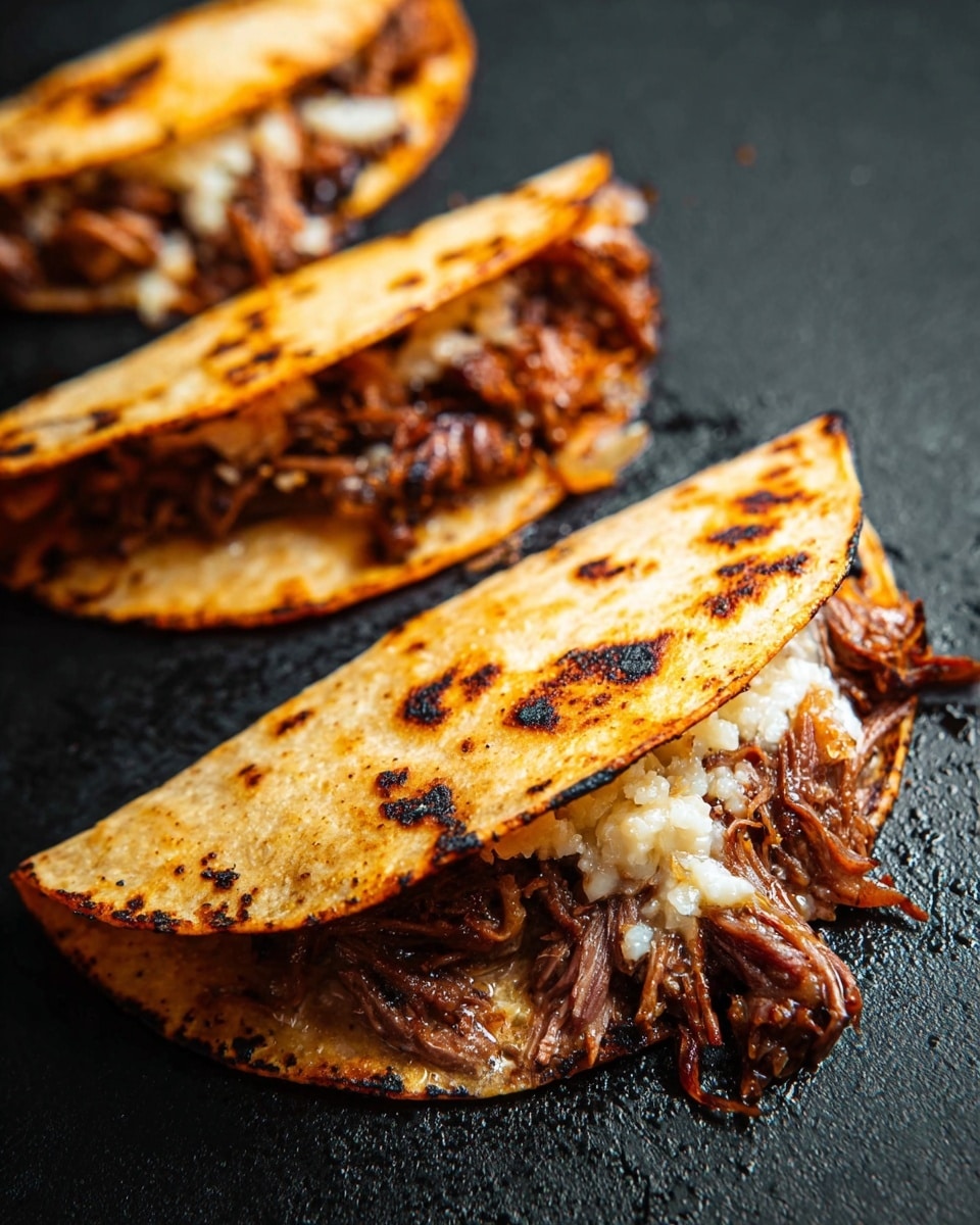 Three tacos are placed on a dark black cooking surface with a white marbled texture background. Each taco has a folded, golden-brown tortilla with small charred spots and a slightly crisp texture. Inside, layers of shredded dark brown meat mixed with melted white cheese and bits of cooked onions peek out from the open side, filling the tacos generously. The front taco is in sharp focus, showing the rich texture of the meat and the soft, melted cheese beneath the warm tortilla, while the others are slightly blurred in the background. photo taken with an iphone --ar 4:5 --v 7