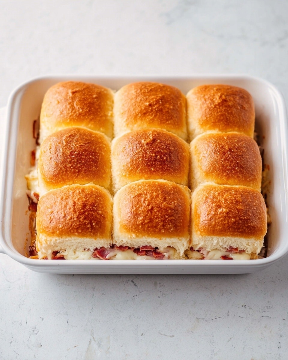 The image shows a white rectangular baking dish with twelve golden brown bread rolls arranged in three rows and four columns on top. Below the bread rolls, layers of thinly sliced red meat and melted cheese are visible, slightly peeking out from the edges. The bread has a soft and fluffy texture with a nicely toasted crust, while the filling underneath adds a mix of creamy white and rich red colors. The dish sits on a white marbled surface. photo taken with an iphone --ar 4:5 --v 7