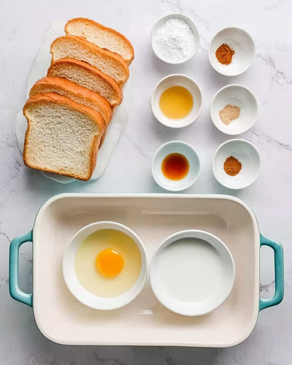 The image shows a white baking dish with light blue handles placed on a white marbled surface. Above the dish, there are five small white bowls arranged in a row, each containing different ingredients: the first has a small amount of white powder, the second a golden-brown liquid, the third is empty, the fourth contains a brown spice, and the fifth holds a white powdery ingredient. Below these, two larger white bowls are seen side by side: one with a raw egg yolk and white, and the other with milk. On the left side of the dish, there are five slices of bread stacked slightly leaning against each other. Photo taken with an iphone --ar 4:5 --v 7