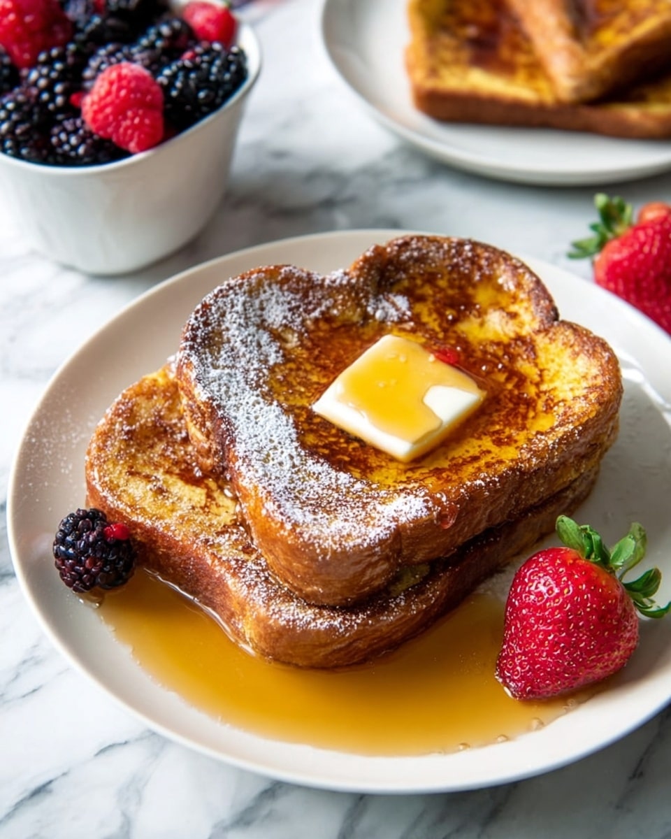 A stack of two thick, golden-brown toasted slices sits in the center of a white plate on a white marbled surface. The top slice holds a melting yellow pat of butter in the middle with a light dusting of powdered sugar around it. Honey is being poured from above, dripping over the top slice and down the sides onto the plate. Around the toast, fresh berries are scattered including blackberries, red raspberries, and whole strawberries with green leaves. In the blurred background, a white bowl filled with mixed berries and a small jar with a spoon are visible. The scene is bright and fresh, photo taken with an iphone --ar 4:5 --v 7
