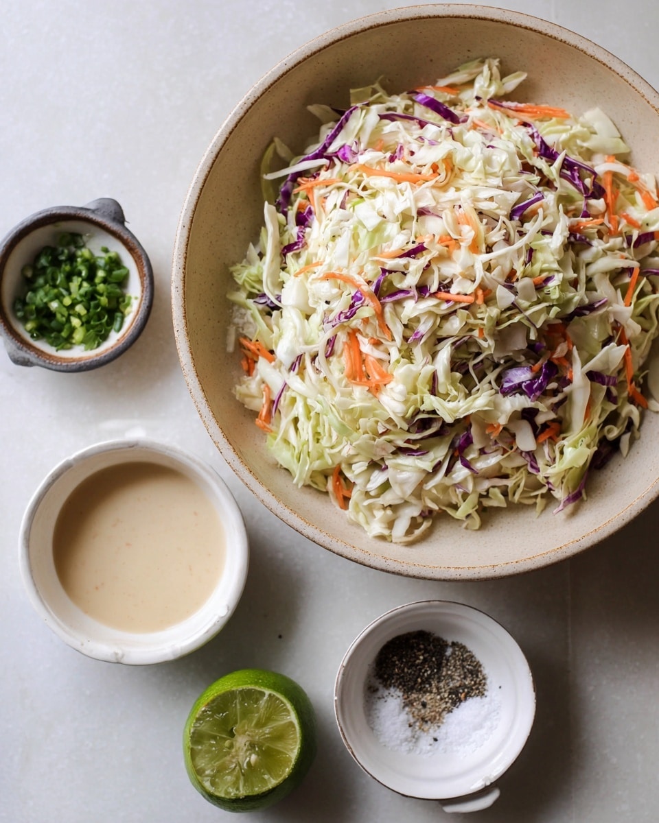 A large beige bowl filled with a colorful mix of shredded cabbage, including white, light green, and purple pieces, along with thin carrot strips, sits on a white marbled surface. Surrounding the bowl are four small white dishes: one with a creamy off-white sauce, one with coarse salt and black pepper, one with chopped green herbs and peppers, and one with a small amount of light brown liquid. A halved lime with bright green skin and pale green inside is placed near the dishes. The scene is simple and clean, focusing on fresh ingredients and condiments. photo taken with an iphone --ar 4:5 --v 7