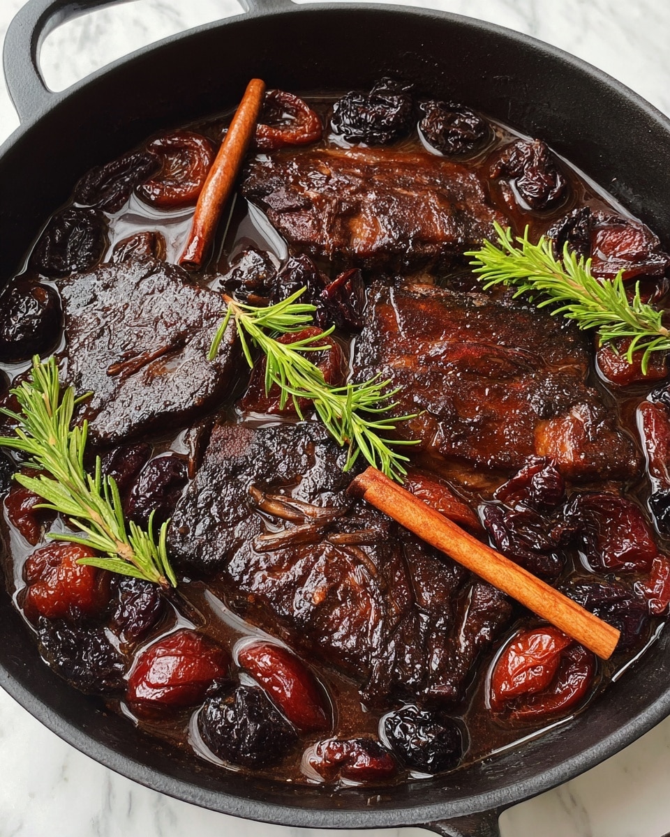 The image shows a close-up of a dark cooking pan filled with rich, braised beef pieces that are deep brown and look tender, surrounded by soft orange carrot chunks, dark prunes, and whole cinnamon sticks. Sprigs of fresh green rosemary add a touch of color and texture on top. The beef and vegetables are soaked in a shiny, thick brown sauce with a slightly glossy surface, and a silver spoon scoops up some tender beef at the side. The pan sits on a white marbled surface. Photo taken with an iphone --ar 4:5 --v 7