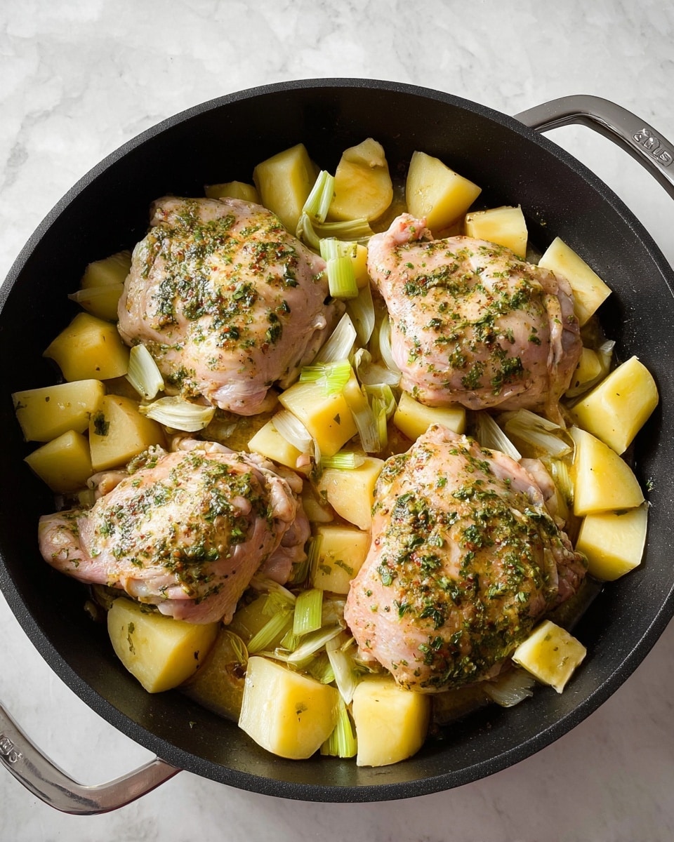 The image shows a black skillet filled with four raw chicken pieces placed on a bed of cut potatoes and sliced leeks. The chicken is covered with a green herb and spice marinade that is spread evenly on top, giving it a speckled texture of green and brown on pale pink skin. The potatoes are cut into thick chunks with a light yellow color and have some marinade on them. The leek slices, light green and white in color, are scattered between the potatoes and chicken, adding contrast. The skillet is on a white marbled surface, showing a clean and bright kitchen scene. Photo taken with an iphone --ar 4:5 --v 7